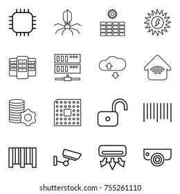 thin line icon set : chip, virus, sun power, server, cloude service, wireless home, virtual mining, cpu, unlock, bar code, surveillance, air conditioning, camera