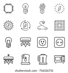 Thin line icon set : chip, bulb, lightning, sun power, battery charge, electric car, cpu, air conditioning, socket, kettle, microwave oven
