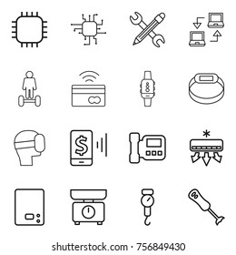 Thin line icon set : chip, pencil wrench, notebook connect, hoverboard, tap to pay, smart watch, bracelet, virtual mask, mobile, intercome, air conditioning, kitchen scales, handle, blender