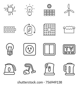 Thin line icon set : chip, bulb, sun power, windmill, battery, charge, cpu, electrostatic, socket, switch, tv, kettle, vacuum cleaner