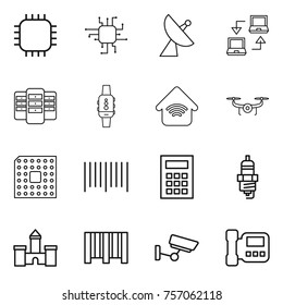 Thin line icon set : chip, satellite antenna, notebook connect, server, smart watch, wireless home, drone, cpu, bar code, calculator, spark plug, castle, surveillance, intercome