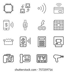 thin line icon set : chip, notebook connect, wireless, tap to pay, phone, smart watch, infinity power, cpu, electrostatic, mobile, calculator, atm, camera, intercome, tv, hair dryer