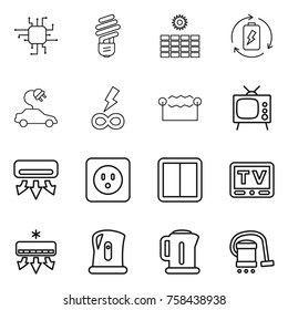 Thin line icon set : chip, bulb, sun power, battery charge, electric car, infinity, electrostatic, tv, air conditioning, socket, switch, kettle, vacuum cleaner