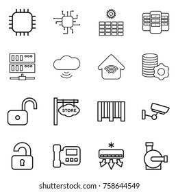 Thin line icon set : chip, sun power, server, cloud wireless, home, virtual mining, unlock, store signboard, bar code, surveillance, unlocked, intercome, air conditioning, water pump