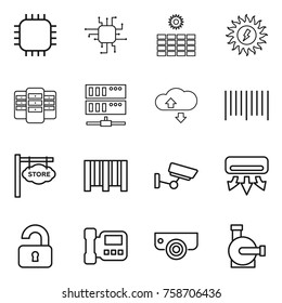 Thin line icon set : chip, sun power, server, cloude service, bar code, store signboard, surveillance, air conditioning, unlocked, intercome, camera, water pump