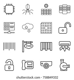 Thin line icon set : chip, virus, sun power, server, cloude service, cpu, unlock, bar code, store signboard, air conditioning, unlocked, intercome, surveillance camera, water pump
