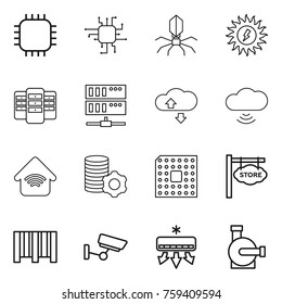 Thin line icon set : chip, virus, sun power, server, cloude service, cloud wireless, home, virtual mining, cpu, store signboard, bar code, surveillance, air conditioning, water pump