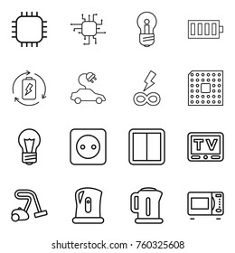 Thin line icon set : chip, bulb, battery, charge, electric car, infinity power, cpu, socket, switch, tv, vacuum cleaner, kettle, microwave oven