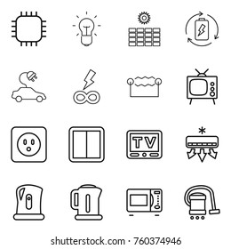 Thin line icon set : chip, bulb, sun power, battery charge, electric car, infinity, electrostatic, tv, socket, switch, air conditioning, kettle, microwave oven, vacuum cleaner