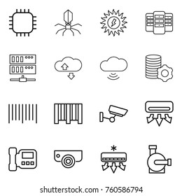 Thin line icon set : chip, virus, sun power, server, cloude service, cloud wireless, virtual mining, bar code, surveillance, air conditioning, intercome, camera, water pump