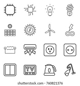 Thin line icon set : chip, bulb, sun power, windmill, infinity, electrostatic, air conditioning, socket, switch, tv, kettle, vacuum cleaner