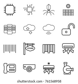 Thin line icon set : chip, virus, sun power, server, cloude service, cloud wireless, unlock, bar code, store signboard, air conditioning, intercome, surveillance camera, water pump