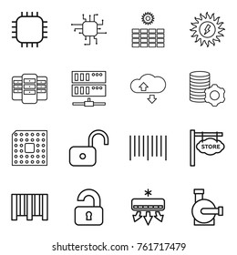 Thin line icon set : chip, sun power, server, cloude service, virtual mining, cpu, unlock, bar code, store signboard, unlocked, air conditioning, water pump