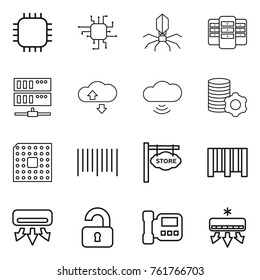 Thin line icon set : chip, virus, server, cloude service, cloud wireless, virtual mining, cpu, bar code, store signboard, air conditioning, unlocked, intercome
