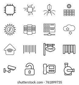 Thin line icon set : chip, virus, sun power, server, cloude service, wireless home, bar code, store signboard, surveillance, unlocked, intercome, water pump