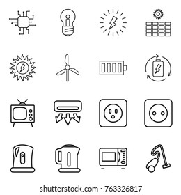 Thin line icon set : chip, bulb, lightning, sun power, windmill, battery, charge, tv, air conditioning, socket, kettle, microwave oven, vacuum cleaner