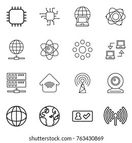 Thin line icon set : chip, notebook globe, atom, connect, round around, server, wireless home, antenna, web cam, check in