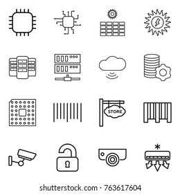 Thin line icon set : chip, sun power, server, cloud wireless, virtual mining, cpu, bar code, store signboard, surveillance, unlocked, camera, air conditioning