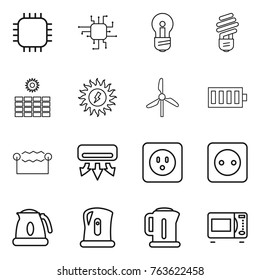 Thin line icon set : chip, bulb, sun power, windmill, battery, electrostatic, air conditioning, socket, kettle, microwave oven