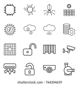 Thin line icon set : chip, virus, sun power, cloude service, cloud wireless, virtual mining, cpu, unlock, bar code, surveillance, air conditioning, unlocked, camera, water pump
