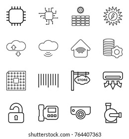 Thin line icon set : chip, sun power, cloude service, cloud wireless, home, virtual mining, cpu, bar code, store signboard, air conditioning, unlocked, intercome, surveillance camera, water pump