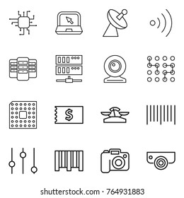 Thin line icon set : chip, notebook, satellite antenna, wireless, server, web cam, cpu, receipt, scales, bar code, equalizer, camera, surveillance
