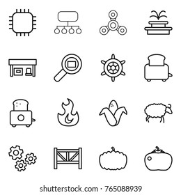 Thin line icon set : chip, structure, spinner, fountain, gas station, cargo search, handwheel, toaster, fire, corn, sheep, gears, farm fence, pumpkin, tomato