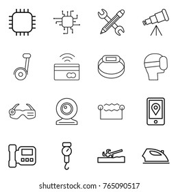 Thin line icon set : chip, pencil wrench, telescope, tap to pay, smart bracelet, virtual mask, glasses, web cam, electrostatic, mobile location, intercome, handle scales, soil cutter, iron