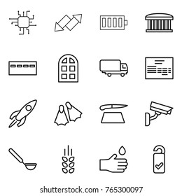 Thin line icon set : chip, up down arrow, battery, airport building, bunker, arch window, shipping, invoice, rocket, flippers, cutting board, surveillance camera, ladle, spikelets, hand drop