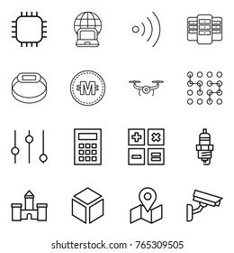 Thin line icon set : chip, notebook globe, wireless, server, smart bracelet, crypto currency, drone, equalizer, calculator, spark plug, castle, 3d, map, surveillance camera