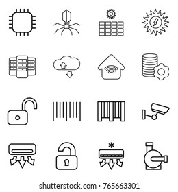 Thin line icon set : chip, virus, sun power, server, cloude service, wireless home, virtual mining, unlock, bar code, surveillance, air conditioning, unlocked, water pump