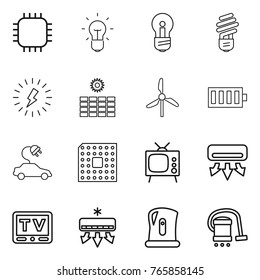 Thin line icon set : chip, bulb, lightning, sun power, windmill, battery, electric car, cpu, tv, air conditioning, kettle, vacuum cleaner