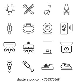 Thin line icon set : chip, pencil wrench, segway, hoverboard, smart watch, bracelet, web cam, mobile pay, air conditioning, kitchen scales, handle, blender, soil cutter, iron