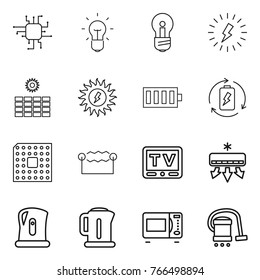 Thin line icon set : chip, bulb, lightning, sun power, battery, charge, cpu, electrostatic, tv, air conditioning, kettle, microwave oven, vacuum cleaner