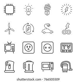 Thin line icon set : chip, bulb, lightning, windmill, battery charge, electric car, infinity power, tv, socket, kettle, microwave oven, vacuum cleaner