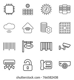 Thin line icon set : chip, sun power, server, cloud wireless, home, virtual mining, cpu, bar code, store signboard, surveillance, air conditioning, unlocked, intercome, camera