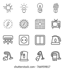 Thin line icon set : chip, bulb, lightning, sun power, cpu, tv, air conditioning, socket, switch, kettle, vacuum cleaner
