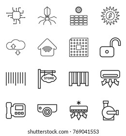 Thin line icon set : chip, virus, sun power, cloude service, wireless home, cpu, unlock, bar code, store signboard, air conditioning, intercome, surveillance camera, water pump