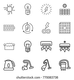 Thin line icon set : chip, bulb, lightning, sun power, battery, charge, infinity, cpu, electrostatic, air conditioning, kettle, vacuum cleaner