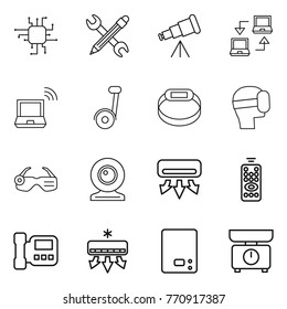 Thin line icon set : chip, pencil wrench, telescope, notebook connect, wireless, segway, smart bracelet, virtual mask, glasses, web cam, air conditioning, remote control, intercome, kitchen scales