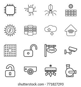 Thin line icon set : chip, virus, sun power, server, cloude service, wireless home, cpu, unlock, store signboard, surveillance, unlocked, camera, air conditioning, water pump