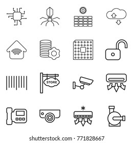 Thin line icon set : chip, virus, sun power, cloude service, wireless home, virtual mining, cpu, unlock, bar code, store signboard, surveillance, air conditioning, intercome, camera, water pump