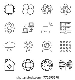 Thin line icon set : chip, atom core, round around, notebook connect, wireless, server, cloud, antenna, web cam, smart house, globe
