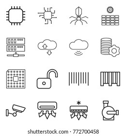 Thin line icon set : chip, virus, sun power, server, cloude service, cloud wireless, virtual mining, cpu, unlock, bar code, surveillance, air conditioning, water pump