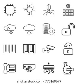 Thin line icon set : chip, virus, sun power, cloude service, cloud wireless, virtual mining, unlock, bar code, surveillance, unlocked, intercome, camera, air conditioning, water pump