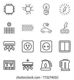 Thin line icon set : chip, bulb, lightning, sun power, battery, electric car, infinity, air conditioning, socket, switch, tv, kettle