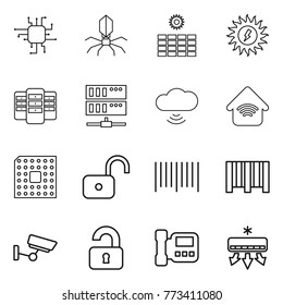 Thin line icon set : chip, virus, sun power, server, cloud wireless, home, cpu, unlock, bar code, surveillance, unlocked, intercome, air conditioning