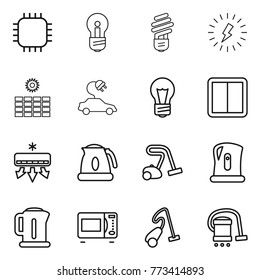 Thin line icon set : chip, bulb, lightning, sun power, electric car, switch, air conditioning, kettle, vacuum cleaner, microwave oven