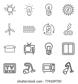Thin line icon set : chip, bulb, sun power, windmill, battery, charge, infinity, electrostatic, tv, switch, vacuum cleaner, microwave oven