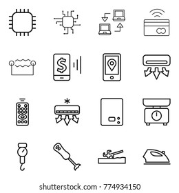 Thin line icon set : chip, notebook connect, tap to pay, electrostatic, mobile, location, air conditioning, remote control, kitchen scales, handle, blender, soil cutter, iron